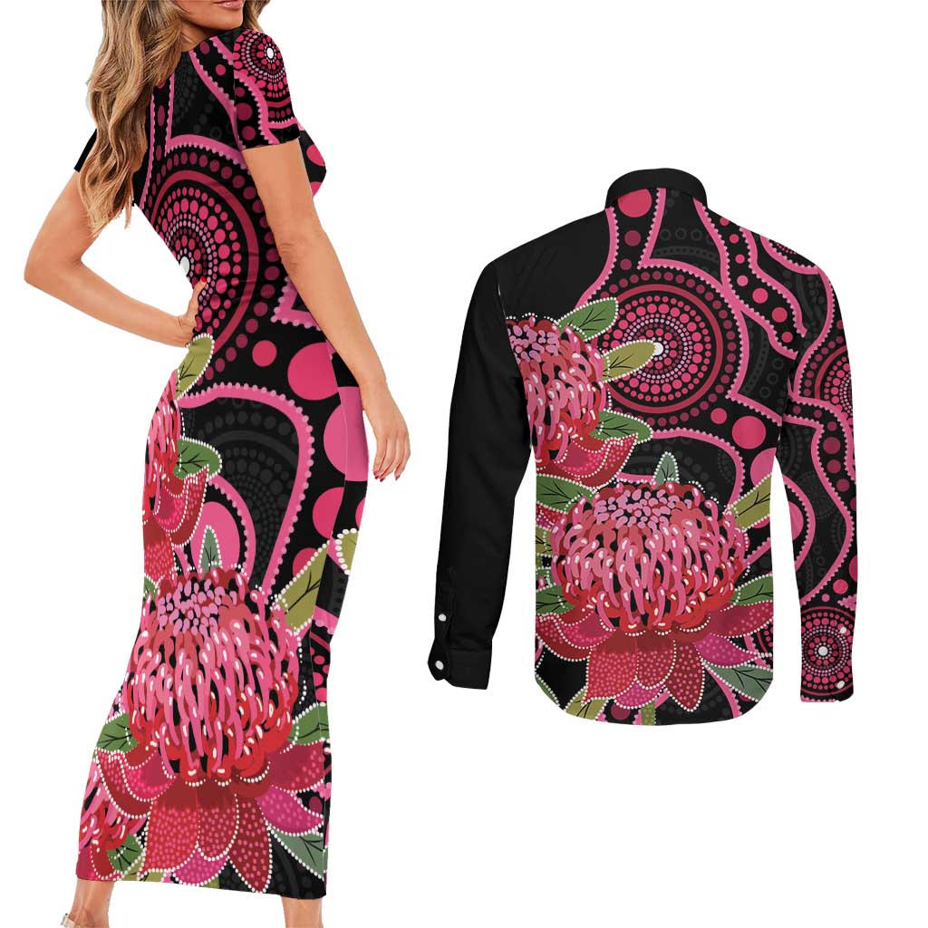 Australia Waratah Couples Matching Short Sleeve Bodycon Dress and Long Sleeve Button Shirt Telopea Aussie Native Flowers Indigenous Art - Aussie Hoodie