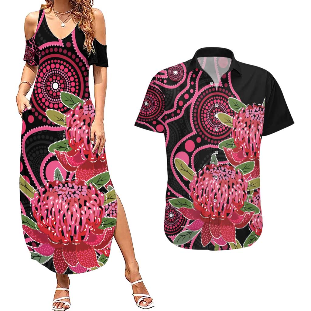 Australia Waratah Couples Matching Summer Maxi Dress and Hawaiian Shirt Telopea Aussie Native Flowers Indigenous Art - Aussie Hoodie