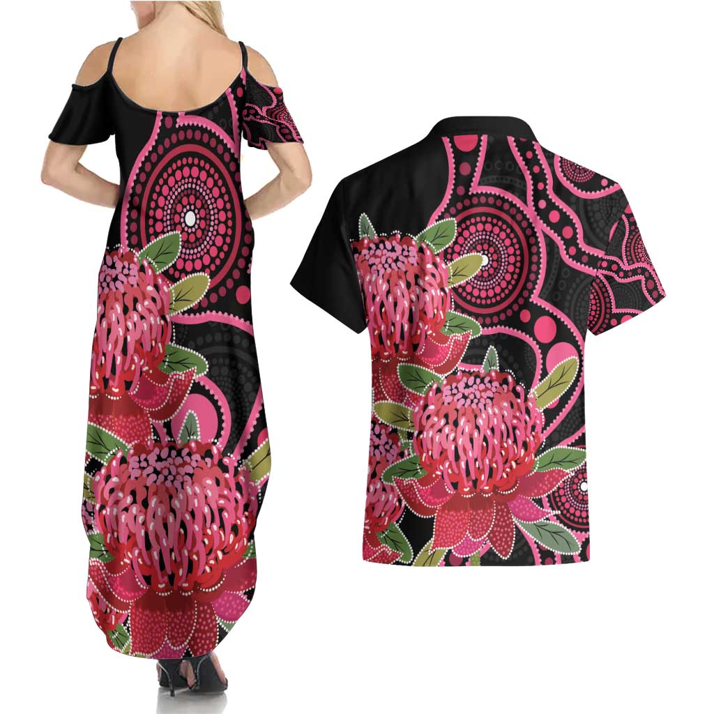 Australia Waratah Couples Matching Summer Maxi Dress and Hawaiian Shirt Telopea Aussie Native Flowers Indigenous Art - Aussie Hoodie
