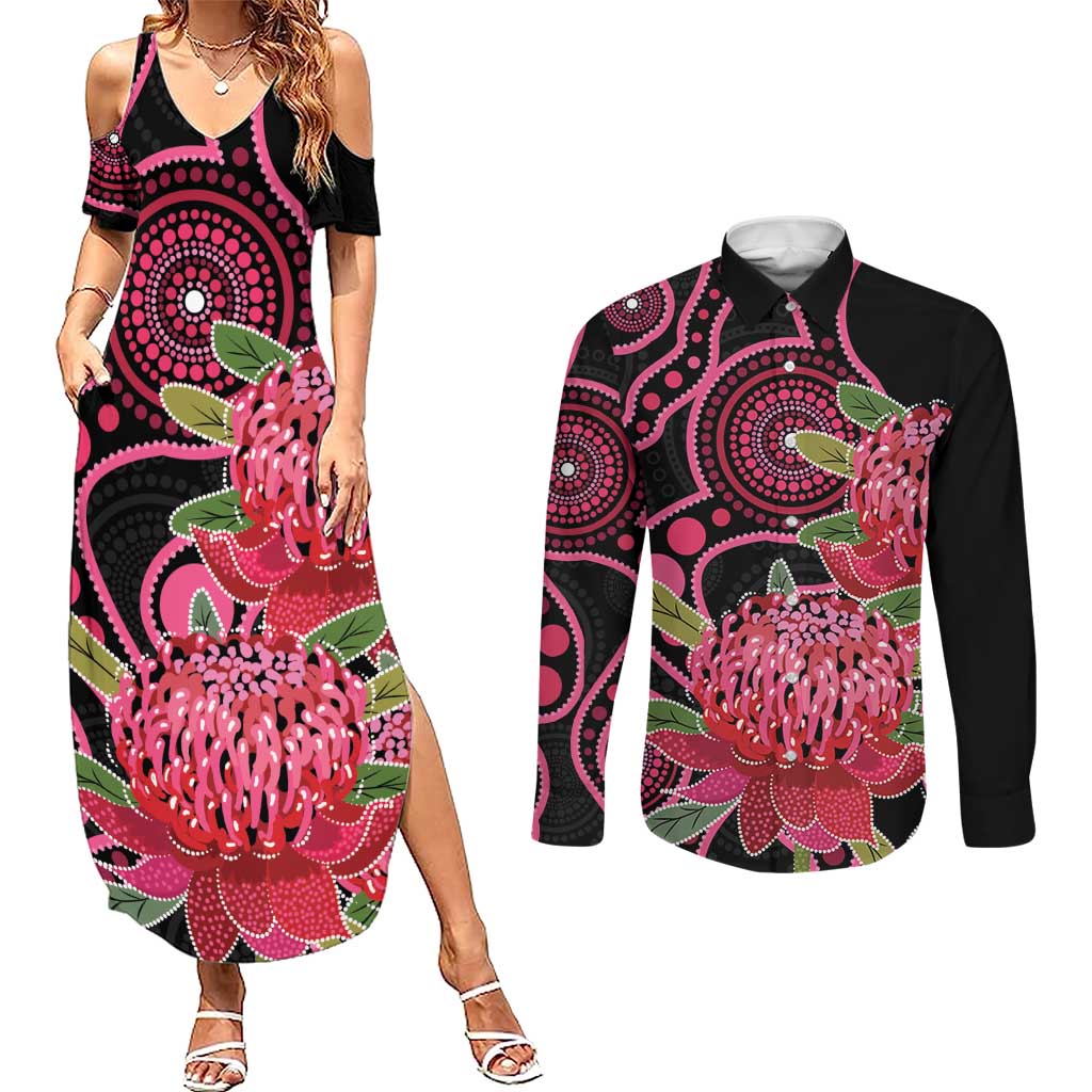 Australia Waratah Couples Matching Summer Maxi Dress and Long Sleeve Button Shirt Telopea Aussie Native Flowers Indigenous Art - Aussie Hoodie