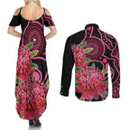 Australia Waratah Couples Matching Summer Maxi Dress and Long Sleeve Button Shirt Telopea Aussie Native Flowers Indigenous Art - Aussie Hoodie