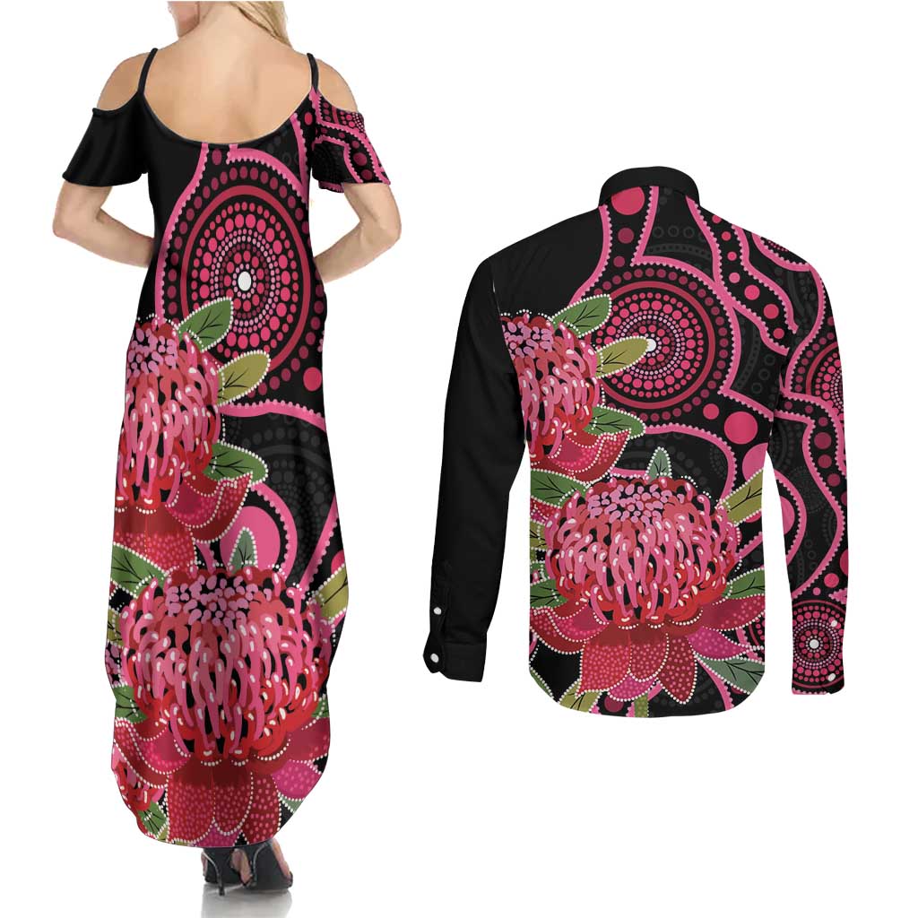 Australia Waratah Couples Matching Summer Maxi Dress and Long Sleeve Button Shirt Telopea Aussie Native Flowers Indigenous Art - Aussie Hoodie
