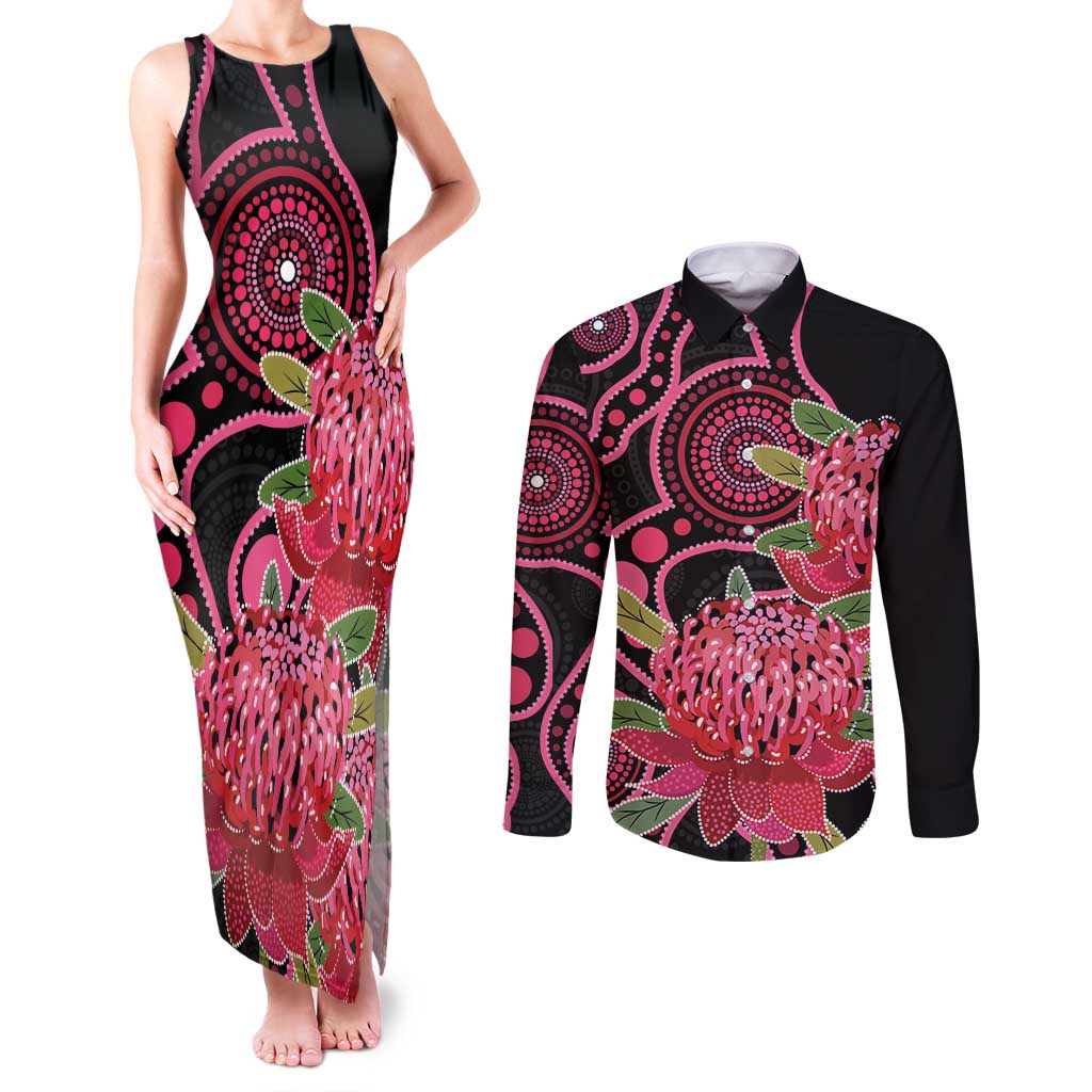 Australia Waratah Couples Matching Tank Maxi Dress and Long Sleeve Button Shirt Telopea Aussie Native Flowers Indigenous Art - Aussie Hoodie