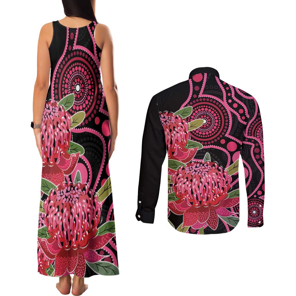 Australia Waratah Couples Matching Tank Maxi Dress and Long Sleeve Button Shirt Telopea Aussie Native Flowers Indigenous Art - Aussie Hoodie
