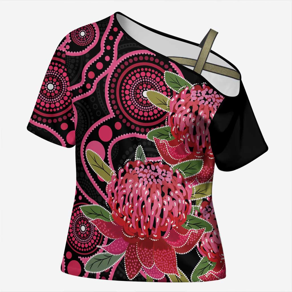 Australia Waratah Cross Shoulder Shirt Telopea Aussie Native Flowers Indigenous Art - Aussie Hoodie