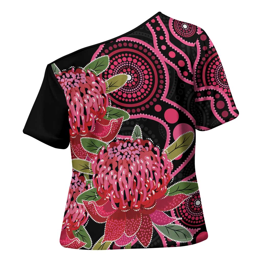 Australia Waratah Cross Shoulder Shirt Telopea Aussie Native Flowers Indigenous Art - Aussie Hoodie