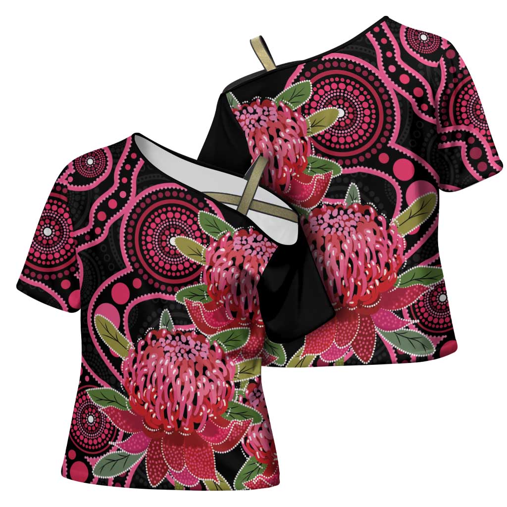 Australia Waratah Cross Shoulder Shirt Telopea Aussie Native Flowers Indigenous Art - Aussie Hoodie