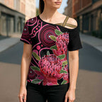 Australia Waratah Cross Shoulder Shirt Telopea Aussie Native Flowers Indigenous Art - Aussie Hoodie