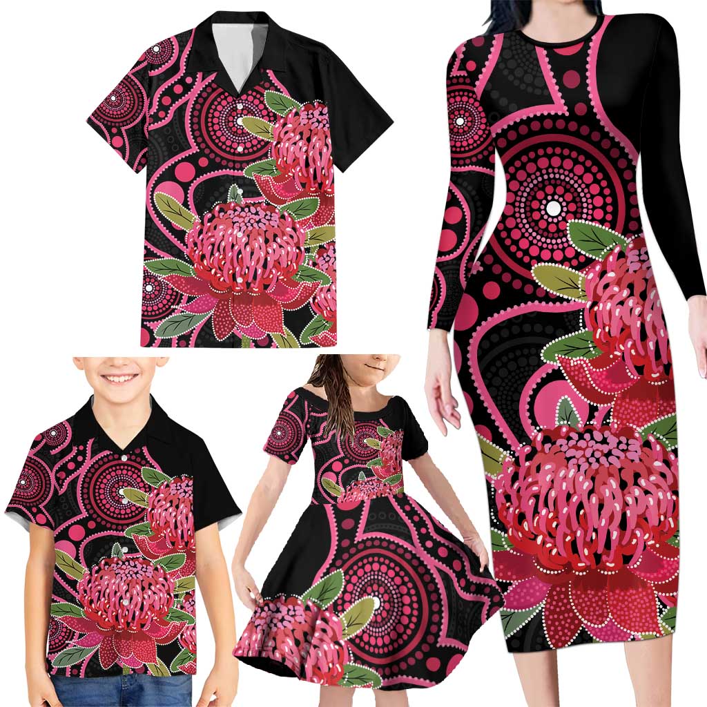 Australia Waratah Family Matching Long Sleeve Bodycon Dress and Hawaiian Shirt Telopea Aussie Native Flowers Indigenous Art - Aussie Hoodie
