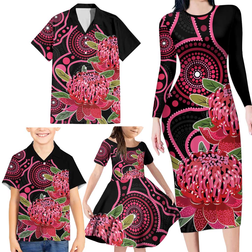 Australia Waratah Family Matching Long Sleeve Bodycon Dress and Hawaiian Shirt Telopea Aussie Native Flowers Indigenous Art - Aussie Hoodie