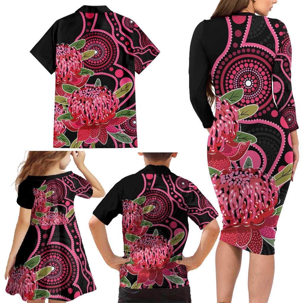 Australia Waratah Family Matching Long Sleeve Bodycon Dress and Hawaiian Shirt Telopea Aussie Native Flowers Indigenous Art - Aussie Hoodie