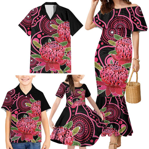 Australia Waratah Family Matching Mermaid Dress and Hawaiian Shirt Telopea Aussie Native Flowers Indigenous Art - Aussie Hoodie