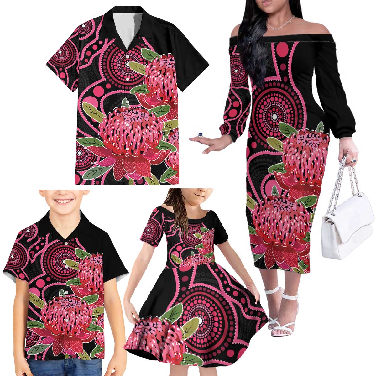 Australia Waratah Family Matching Off The Shoulder Long Sleeve Dress and Hawaiian Shirt Telopea Aussie Native Flowers Indigenous Art - Aussie Hoodie