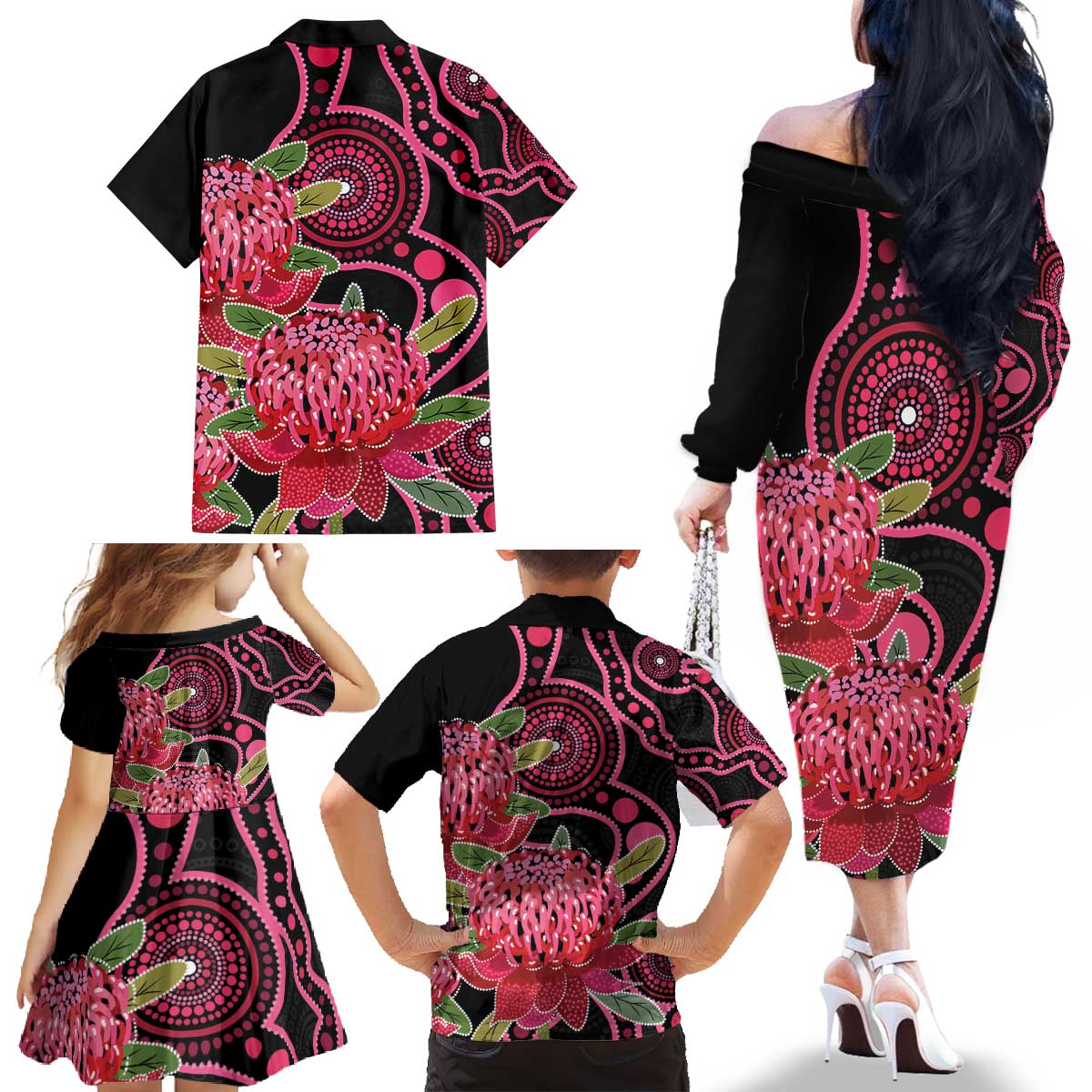 Australia Waratah Family Matching Off The Shoulder Long Sleeve Dress and Hawaiian Shirt Telopea Aussie Native Flowers Indigenous Art - Aussie Hoodie
