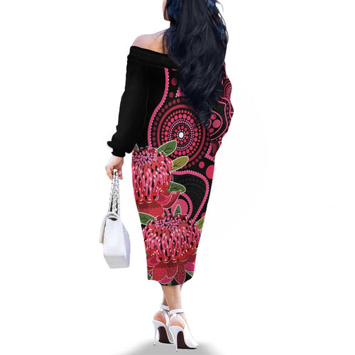 Australia Waratah Family Matching Off The Shoulder Long Sleeve Dress and Hawaiian Shirt Telopea Aussie Native Flowers Indigenous Art - Aussie Hoodie