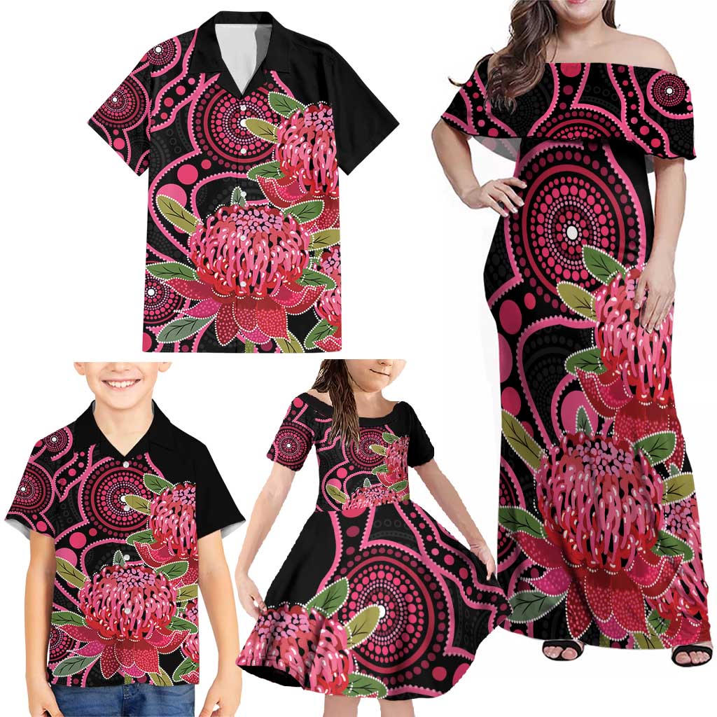 Australia Waratah Family Matching Off Shoulder Maxi Dress and Hawaiian Shirt Telopea Aussie Native Flowers Indigenous Art - Aussie Hoodie