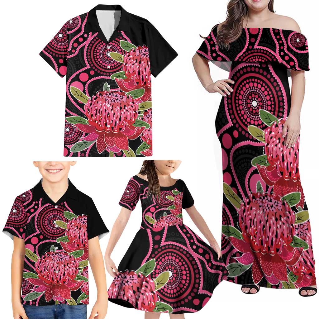 Australia Waratah Family Matching Off Shoulder Maxi Dress and Hawaiian Shirt Telopea Aussie Native Flowers Indigenous Art - Aussie Hoodie