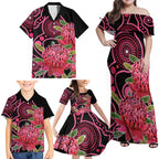 Australia Waratah Family Matching Off Shoulder Maxi Dress and Hawaiian Shirt Telopea Aussie Native Flowers Indigenous Art - Aussie Hoodie