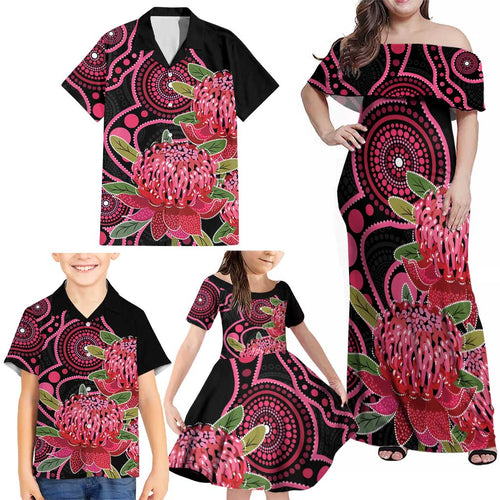 Australia Waratah Family Matching Off Shoulder Maxi Dress and Hawaiian Shirt Telopea Aussie Native Flowers Indigenous Art - Aussie Hoodie