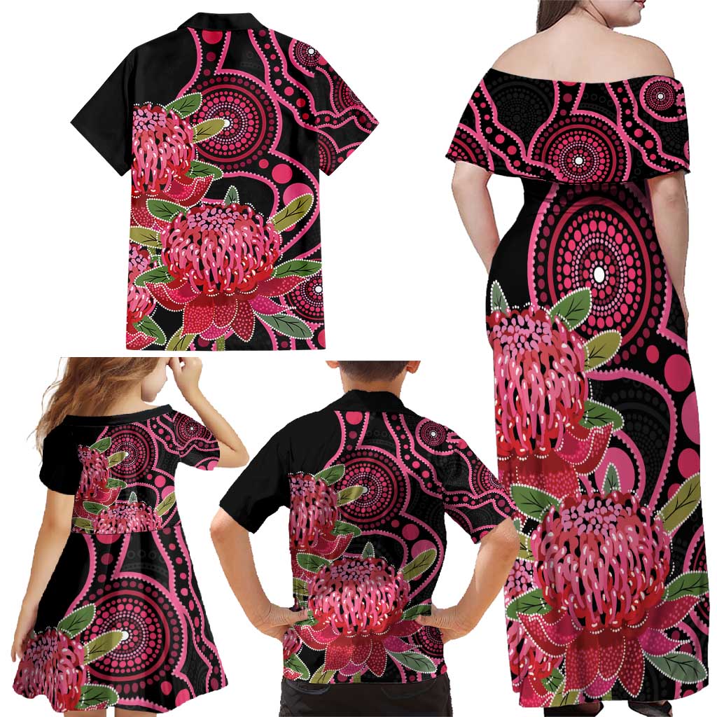 Australia Waratah Family Matching Off Shoulder Maxi Dress and Hawaiian Shirt Telopea Aussie Native Flowers Indigenous Art - Aussie Hoodie