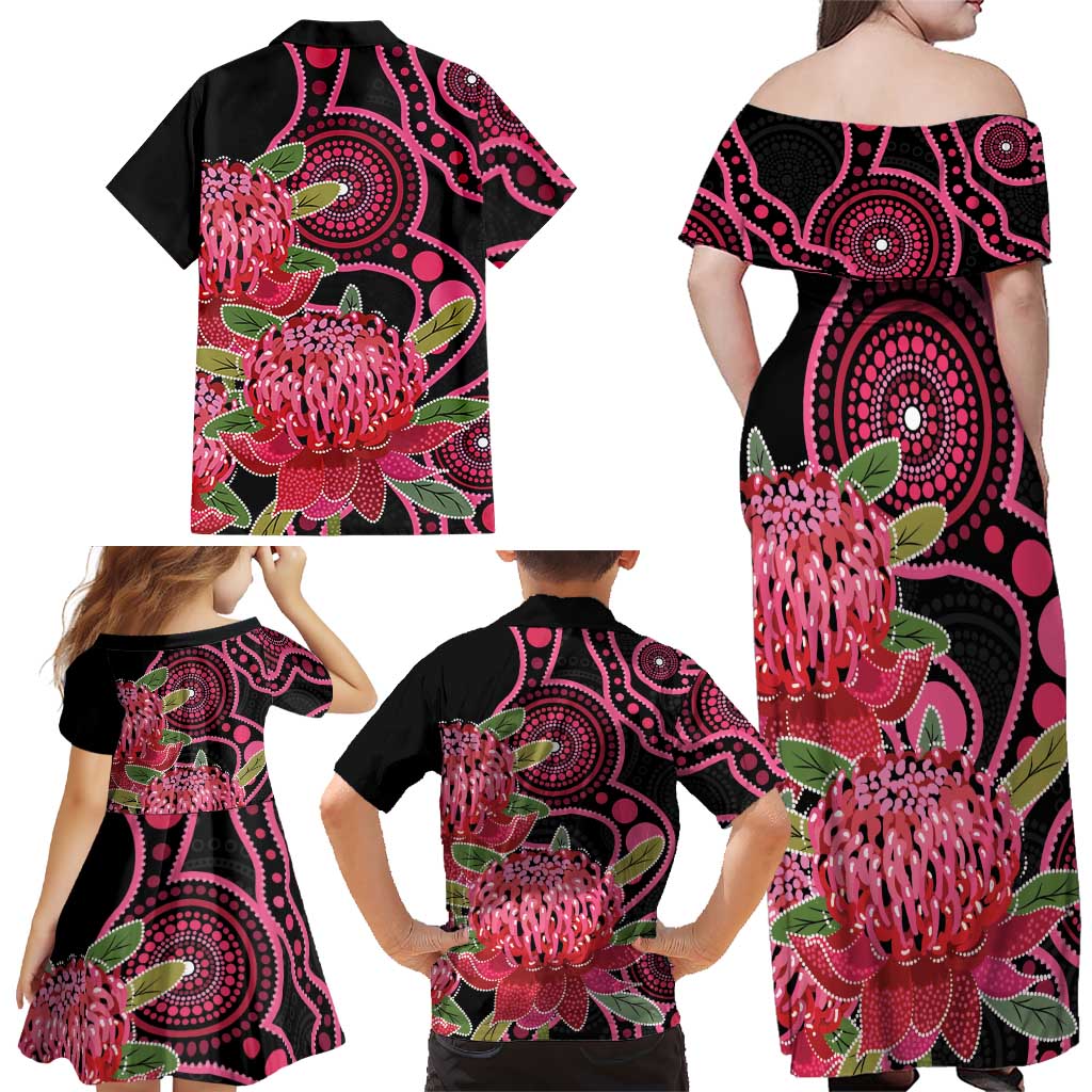Australia Waratah Family Matching Off Shoulder Maxi Dress and Hawaiian Shirt Telopea Aussie Native Flowers Indigenous Art - Aussie Hoodie