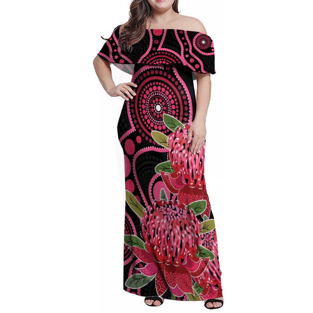 Australia Waratah Family Matching Off Shoulder Maxi Dress and Hawaiian Shirt Telopea Aussie Native Flowers Indigenous Art - Aussie Hoodie