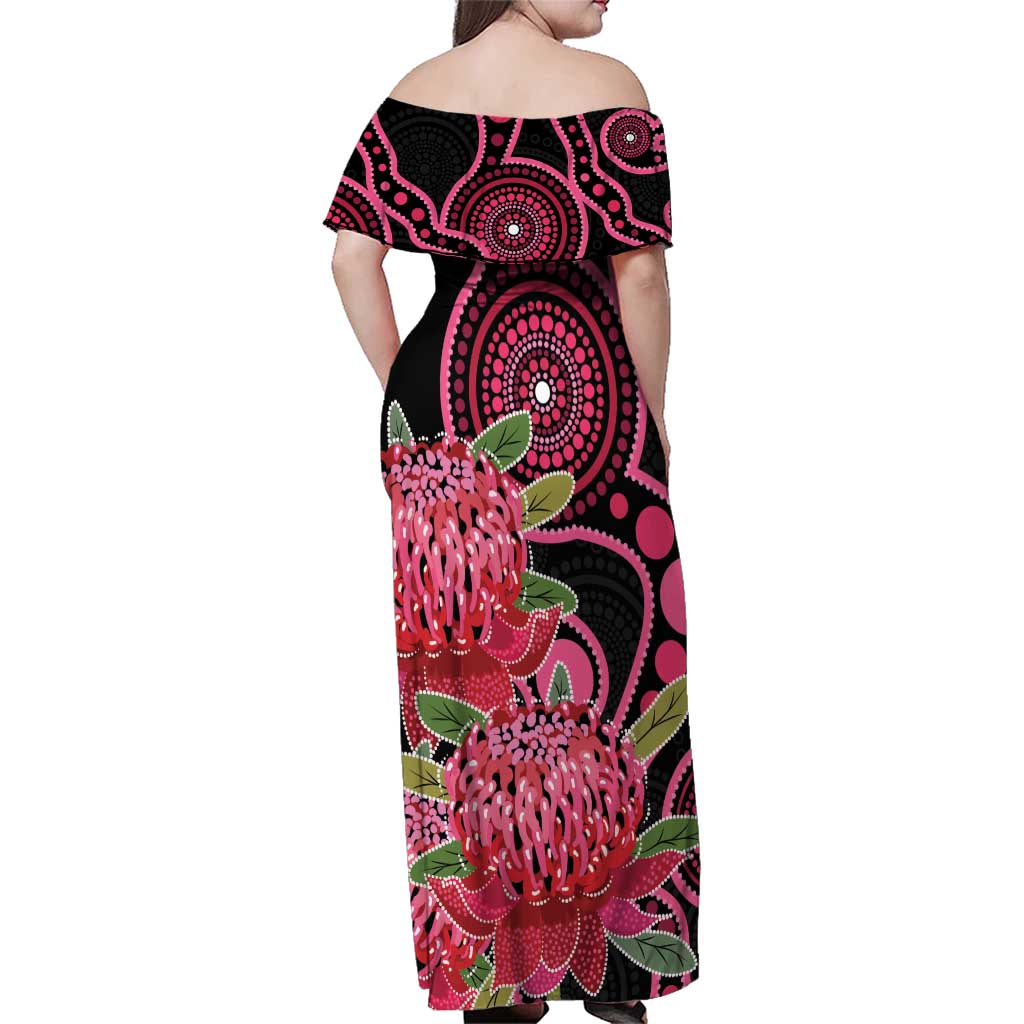 Australia Waratah Family Matching Off Shoulder Maxi Dress and Hawaiian Shirt Telopea Aussie Native Flowers Indigenous Art - Aussie Hoodie
