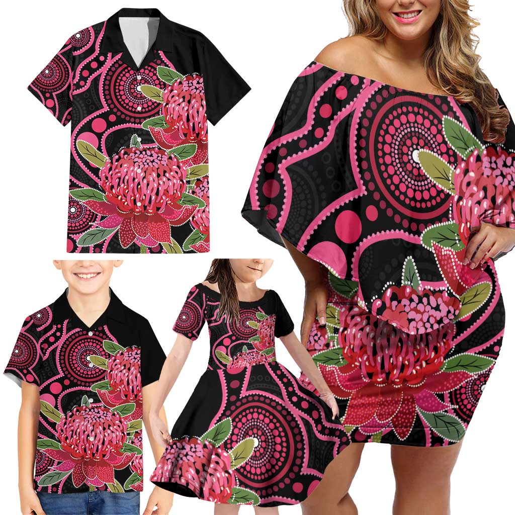 Australia Waratah Family Matching Off Shoulder Short Dress and Hawaiian Shirt Telopea Aussie Native Flowers Indigenous Art - Aussie Hoodie