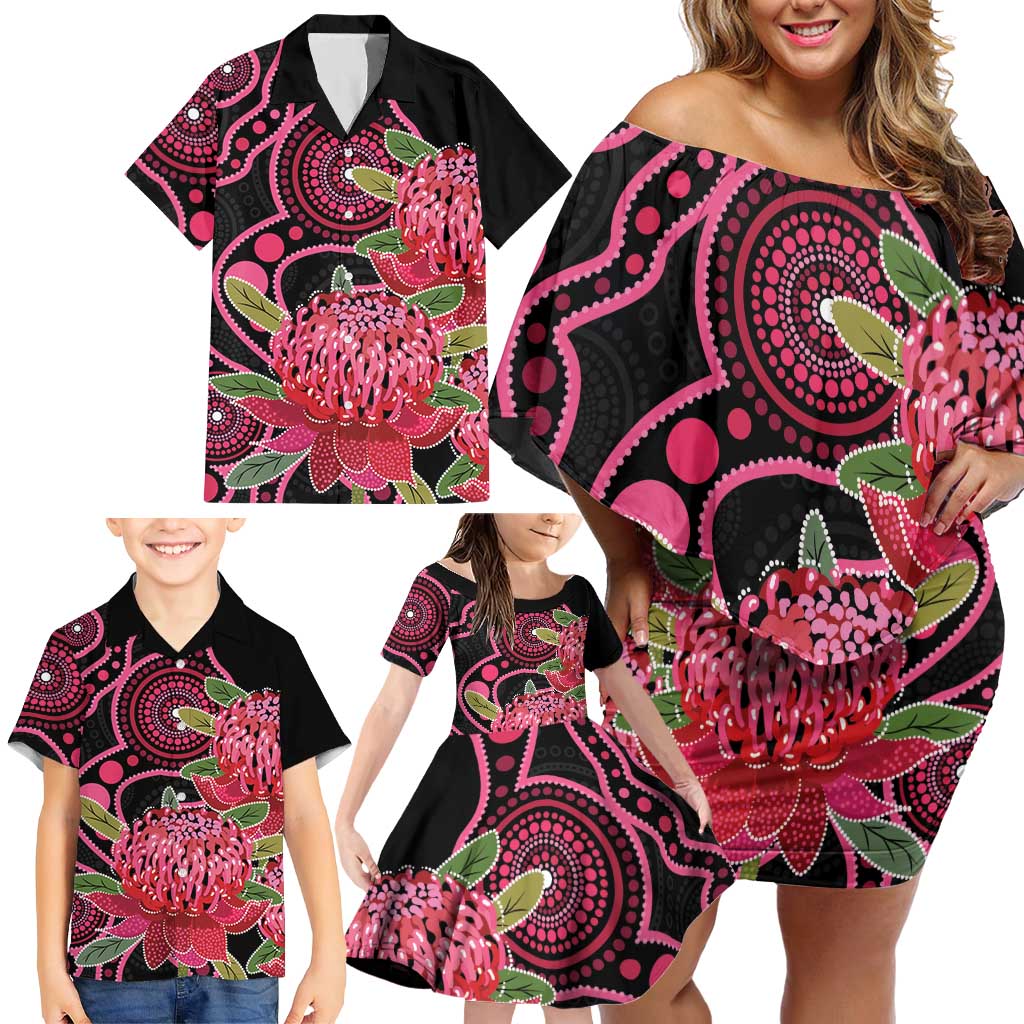 Australia Waratah Family Matching Off Shoulder Short Dress and Hawaiian Shirt Telopea Aussie Native Flowers Indigenous Art - Aussie Hoodie