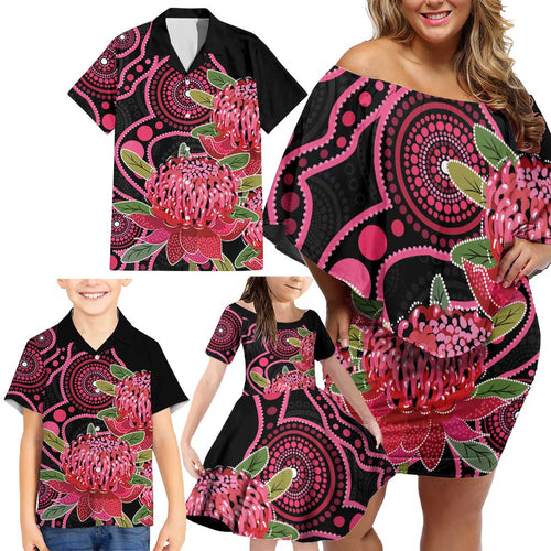 Australia Waratah Family Matching Off Shoulder Short Dress and Hawaiian Shirt Telopea Aussie Native Flowers Indigenous Art - Aussie Hoodie