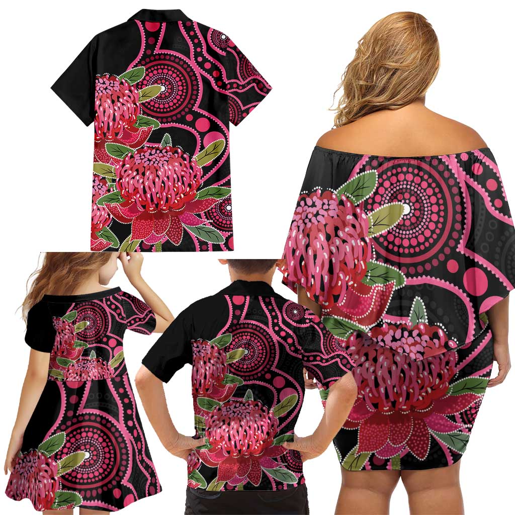 Australia Waratah Family Matching Off Shoulder Short Dress and Hawaiian Shirt Telopea Aussie Native Flowers Indigenous Art - Aussie Hoodie