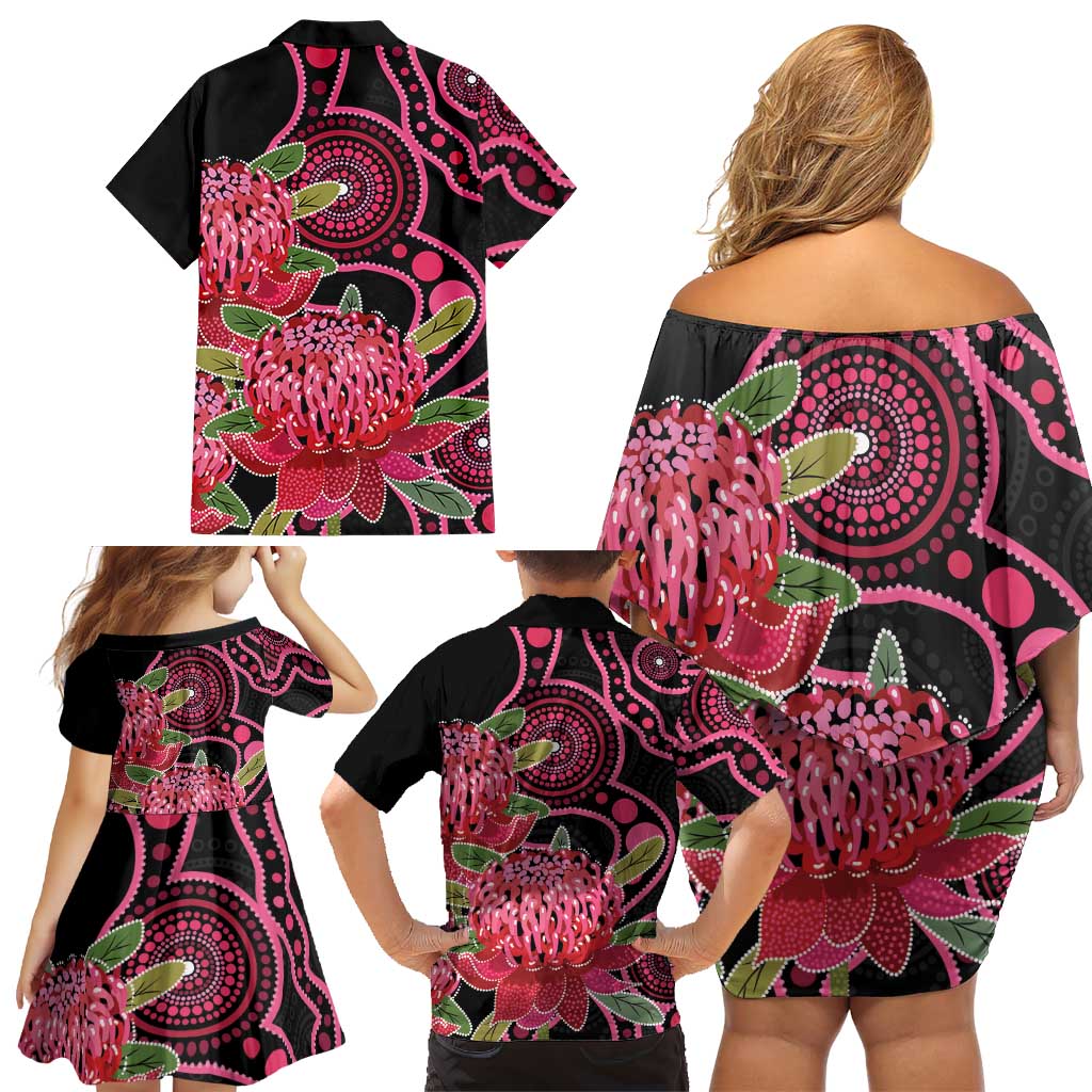 Australia Waratah Family Matching Off Shoulder Short Dress and Hawaiian Shirt Telopea Aussie Native Flowers Indigenous Art - Aussie Hoodie