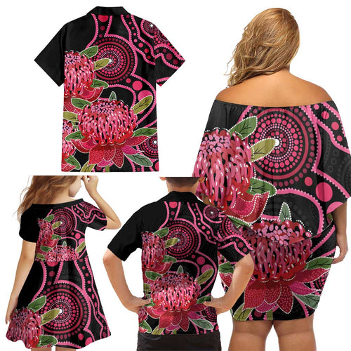 Australia Waratah Family Matching Off Shoulder Short Dress and Hawaiian Shirt Telopea Aussie Native Flowers Indigenous Art - Aussie Hoodie