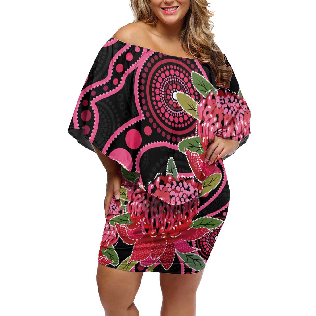 Australia Waratah Family Matching Off Shoulder Short Dress and Hawaiian Shirt Telopea Aussie Native Flowers Indigenous Art - Aussie Hoodie