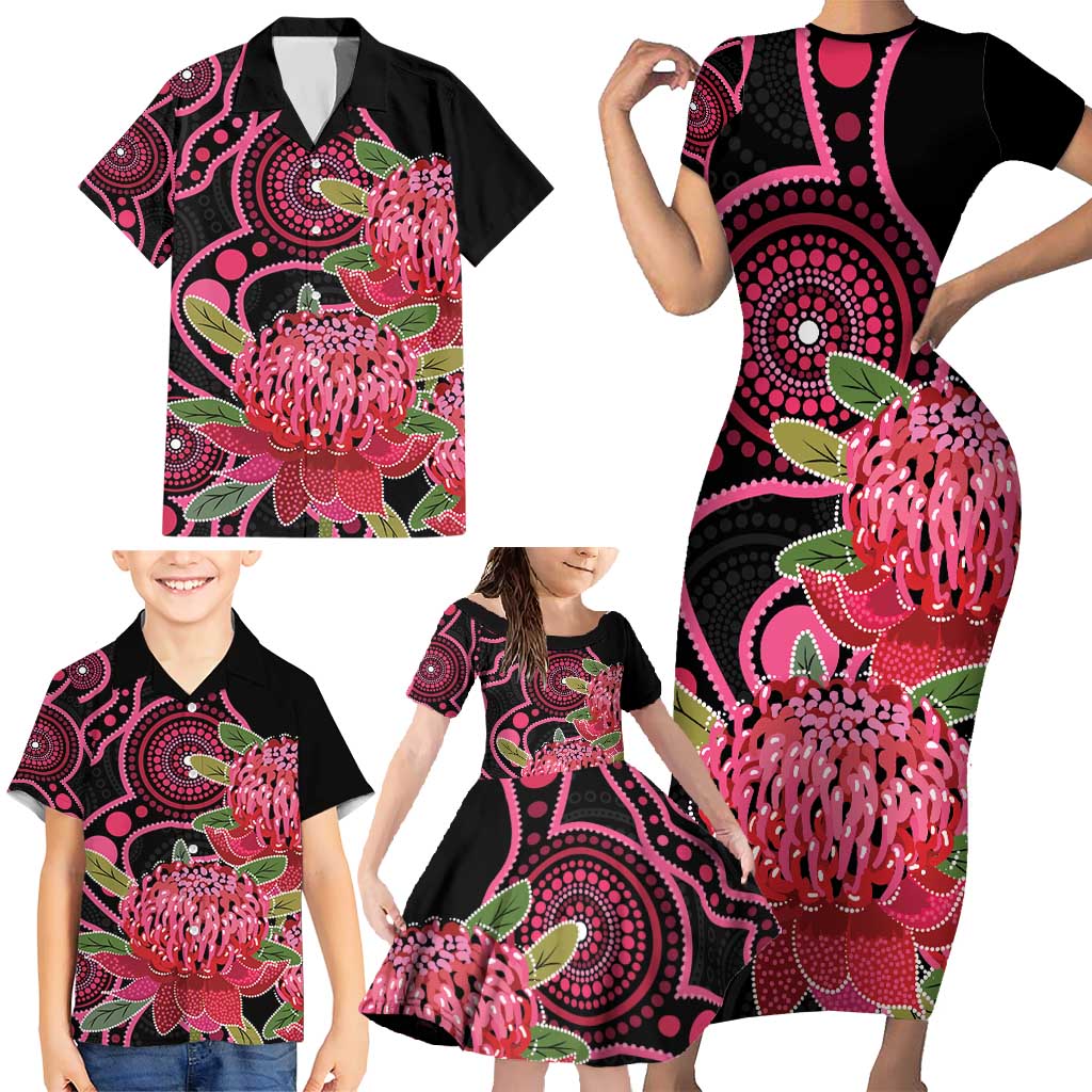 Australia Waratah Family Matching Short Sleeve Bodycon Dress and Hawaiian Shirt Telopea Aussie Native Flowers Indigenous Art - Aussie Hoodie