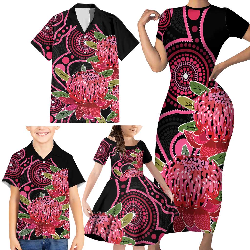 Australia Waratah Family Matching Short Sleeve Bodycon Dress and Hawaiian Shirt Telopea Aussie Native Flowers Indigenous Art - Aussie Hoodie