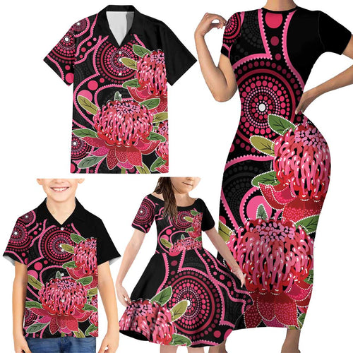 Australia Waratah Family Matching Short Sleeve Bodycon Dress and Hawaiian Shirt Telopea Aussie Native Flowers Indigenous Art - Aussie Hoodie