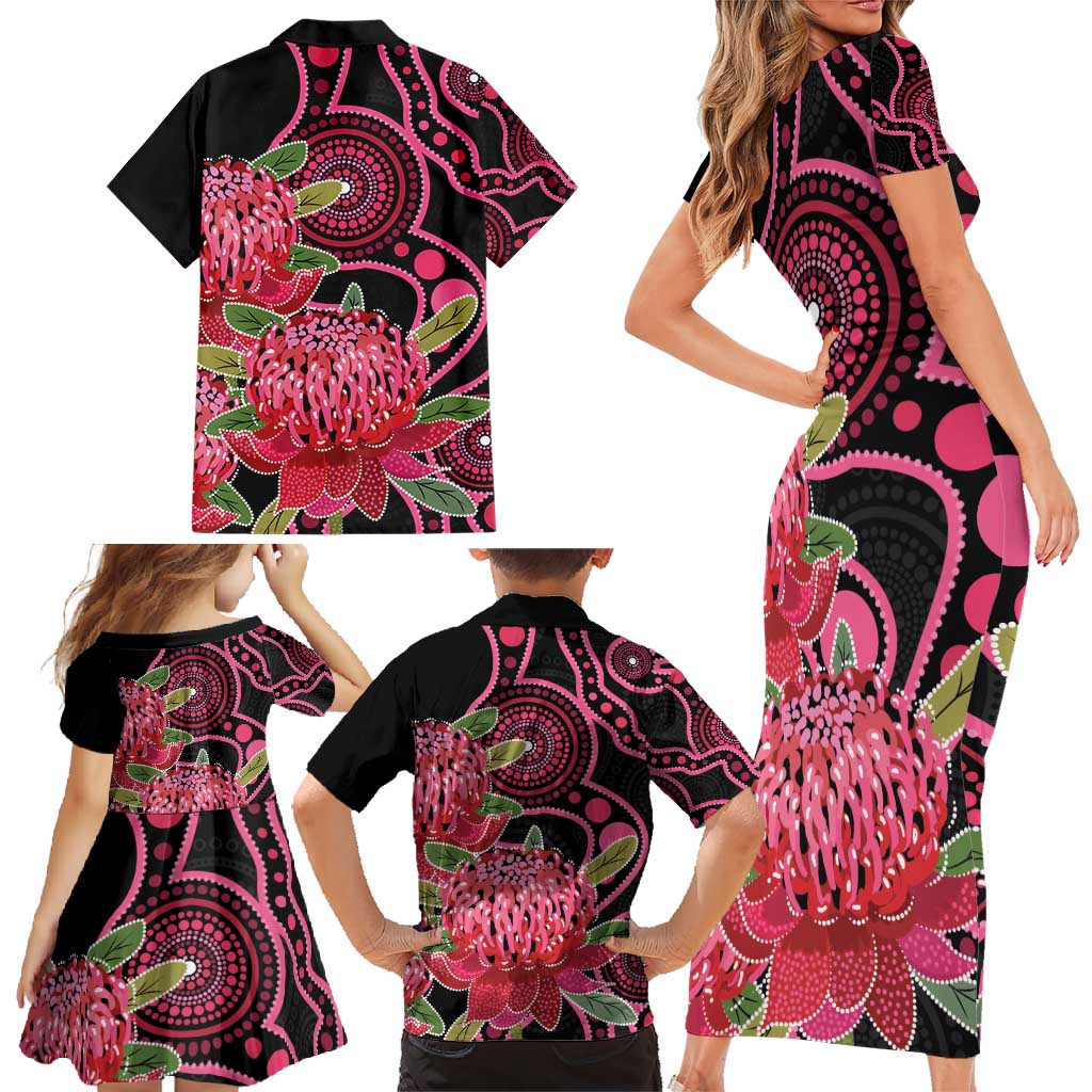 Australia Waratah Family Matching Short Sleeve Bodycon Dress and Hawaiian Shirt Telopea Aussie Native Flowers Indigenous Art - Aussie Hoodie