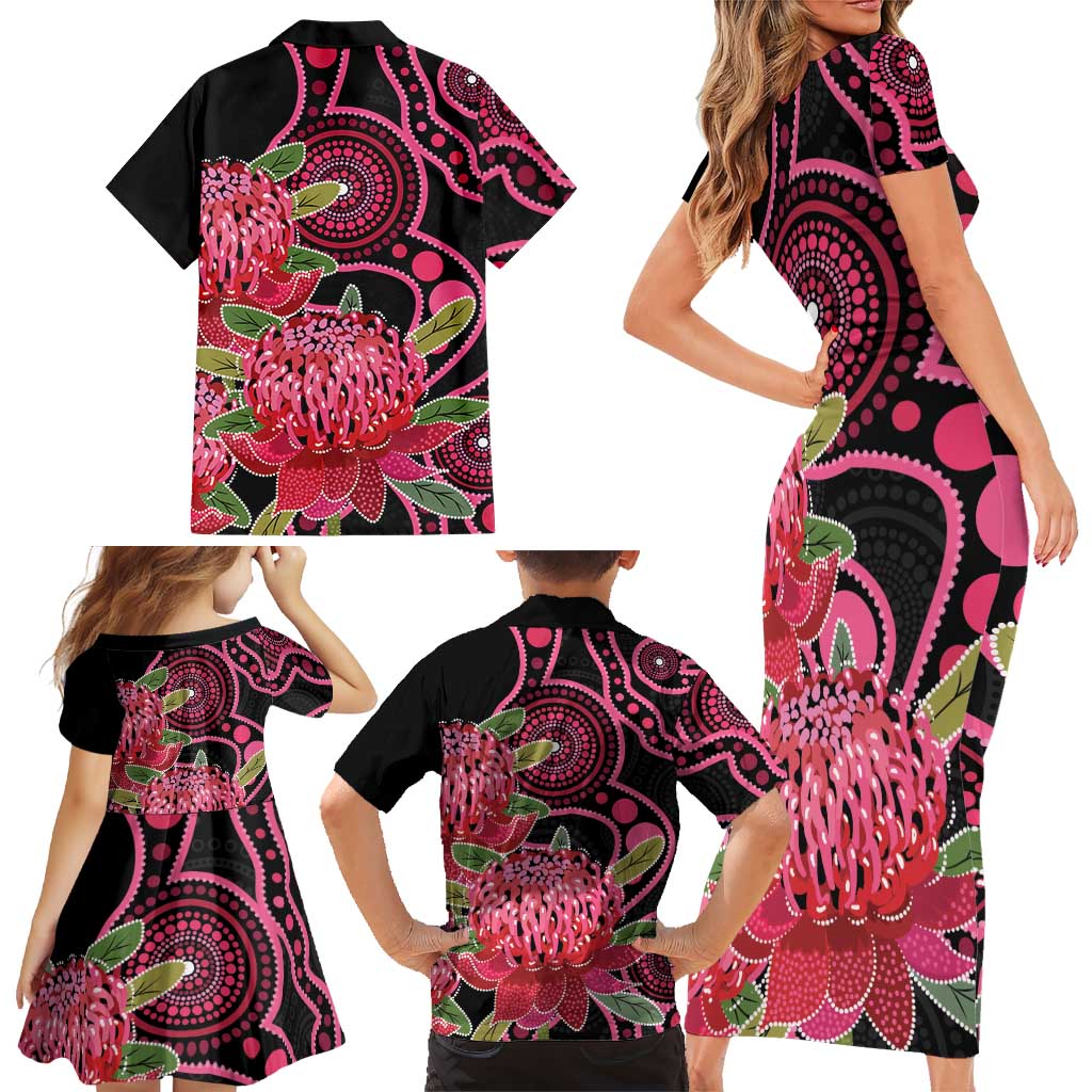 Australia Waratah Family Matching Short Sleeve Bodycon Dress and Hawaiian Shirt Telopea Aussie Native Flowers Indigenous Art - Aussie Hoodie