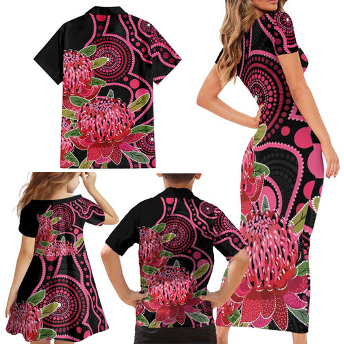 Australia Waratah Family Matching Short Sleeve Bodycon Dress and Hawaiian Shirt Telopea Aussie Native Flowers Indigenous Art - Aussie Hoodie