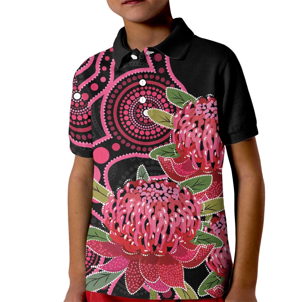 Australia Waratah Kid Polo Shirt Telopea Aussie Native Flowers Indigenous Art - Aussie Hoodie