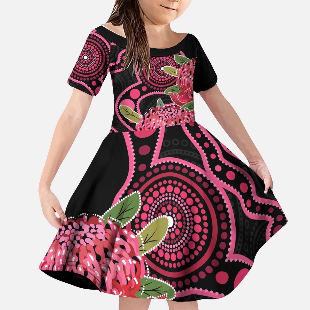 Australia Waratah Kid Short Sleeve Dress Telopea Aussie Native Flowers Indigenous Art - Aussie Hoodie