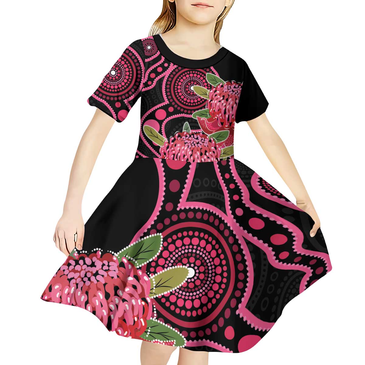 Australia Waratah Kid Short Sleeve Dress Telopea Aussie Native Flowers Indigenous Art - Aussie Hoodie
