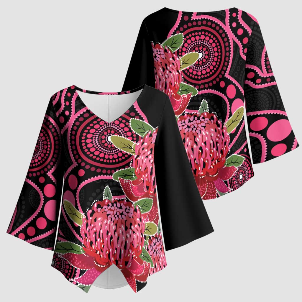 Australia Waratah Kimono Sleeve Blouse Telopea Aussie Native Flowers Indigenous Art - Aussie Hoodie