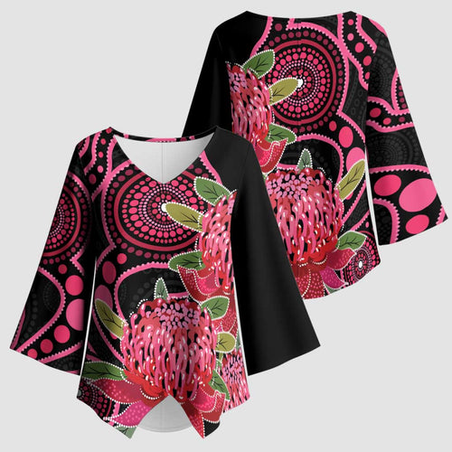 Australia Waratah Kimono Sleeve Blouse Telopea Aussie Native Flowers Indigenous Art - Aussie Hoodie