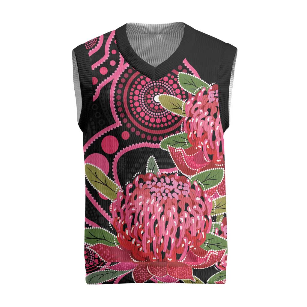 Australia Waratah Christmas Knitted V-Neck Vest Telopea Aussie Native Flowers Indigenous Art - Aussie Hoodie
