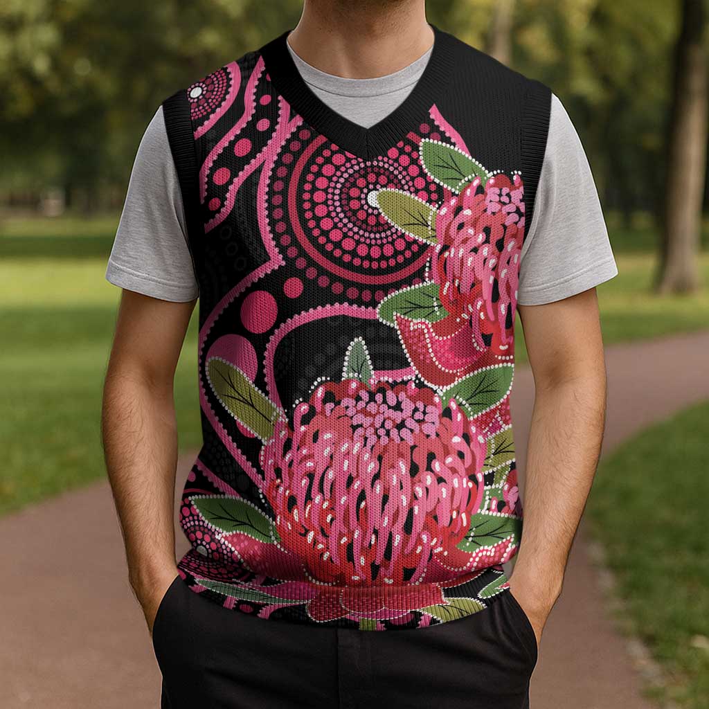 Australia Waratah Christmas Knitted V-Neck Vest Telopea Aussie Native Flowers Indigenous Art - Aussie Hoodie