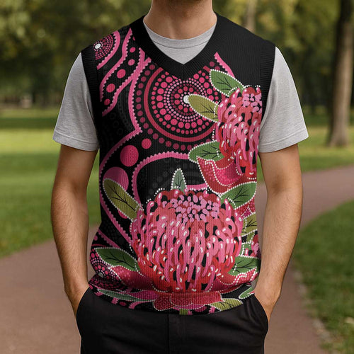 Australia Waratah Christmas Knitted V-Neck Vest Telopea Aussie Native Flowers Indigenous Art - Aussie Hoodie