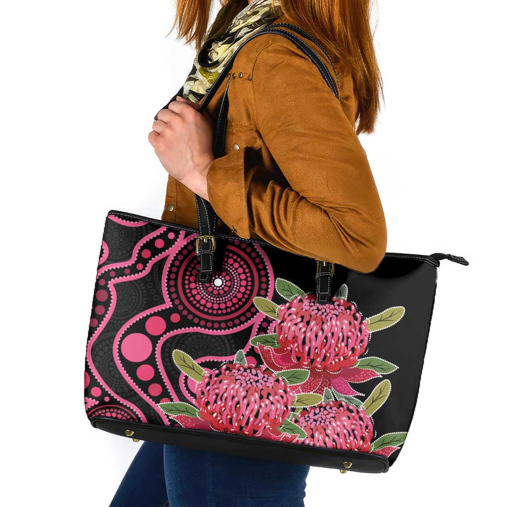 Australia Waratah Leather Tote Bag Telopea Aussie Native Flowers Indigenous Art - Aussie Hoodie