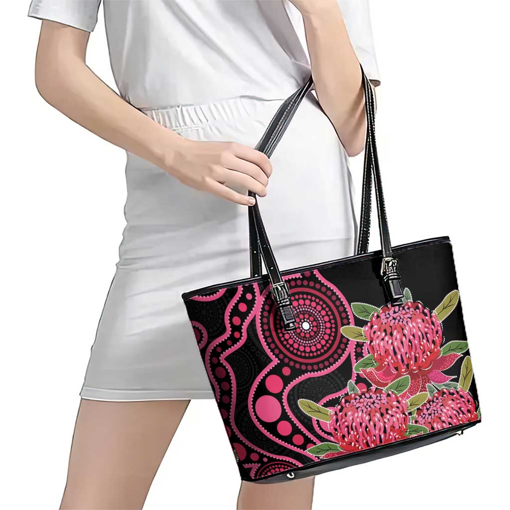 Australia Waratah Leather Tote Bag Telopea Aussie Native Flowers Indigenous Art - Aussie Hoodie